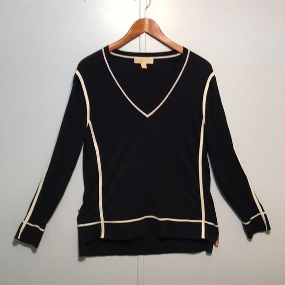 Michael Kors Blue & White Trim V-Neck Sweater - Picture 1 of 4